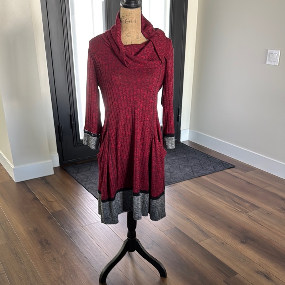 Red and Gray Cowl Neck Dress with front pockets